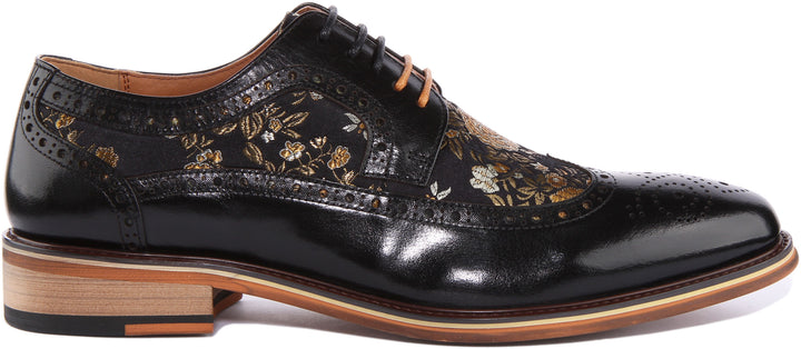 JUSTINREESS Ross Chaussures brogue à lacets en cuir à fleurs pour hommes en noir