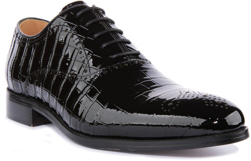 JUSTINREESS Andre Chaussures Brogue à lacets en cuir imprimé croco pour hommes en noir