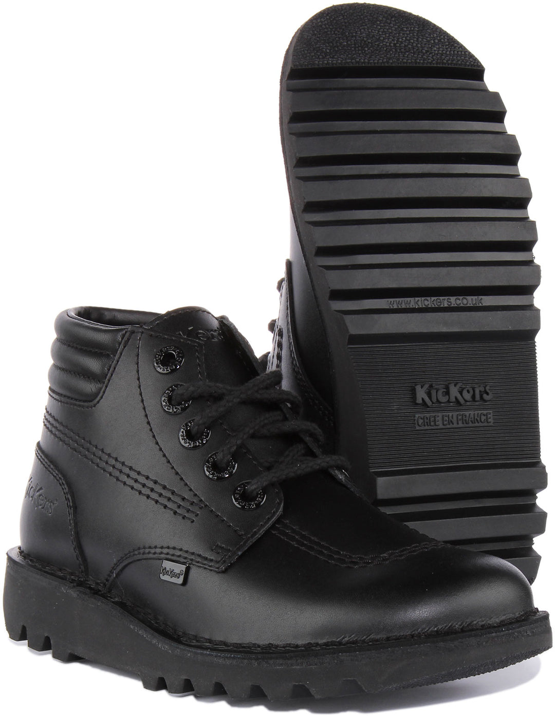 Kickers Kick Hi Padded Zapatos escolares de piel con cordones para niños en negro