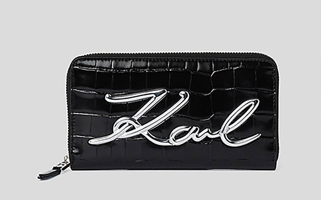 Karl Lagerfeld K Signature Billetera de piel con estampado de cocodrilo para mujer en negro