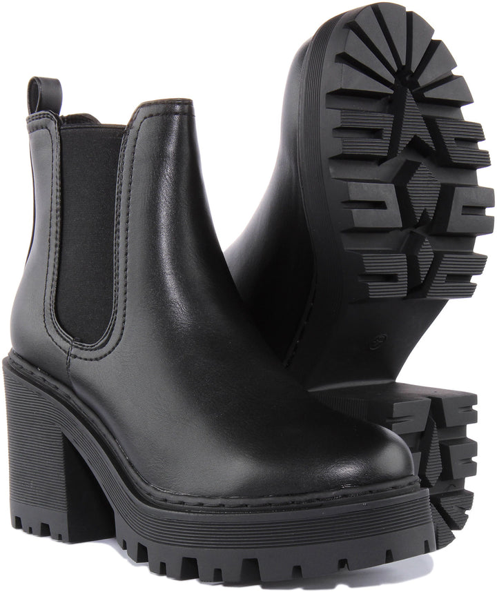 City Shoes Fuzzy1 Botín de tacón grueso para mujer en negro