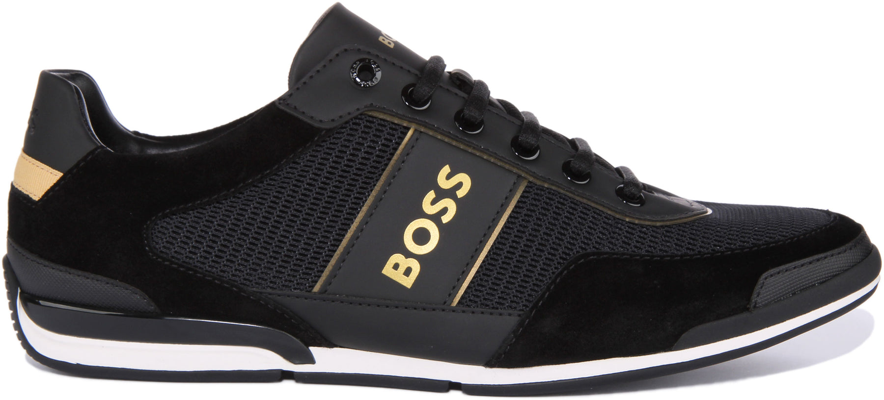 Boss Saturn Lowp Pulg In Black Gold Mens Low Profile Leather Trainer 4feetshoes 