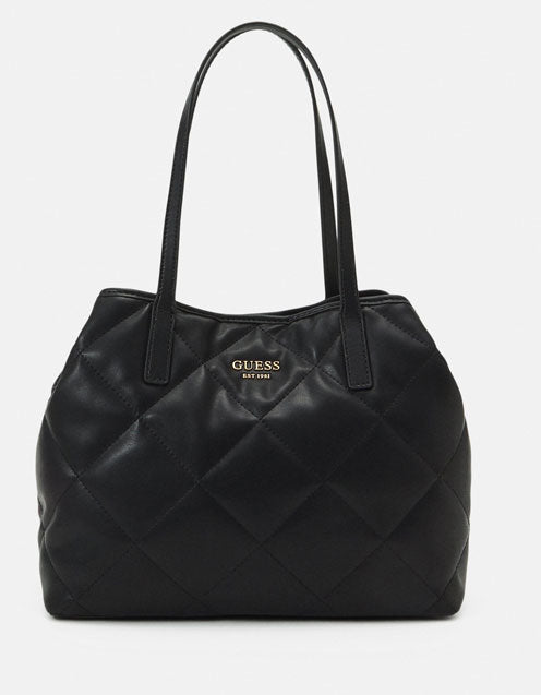 Guess Vikky Quilted Tote Handbag In Black For Women