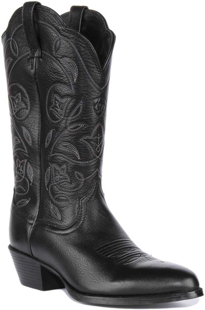 Ariat Heritage R Toe Bota Western de piel plena flor para mujer en negro