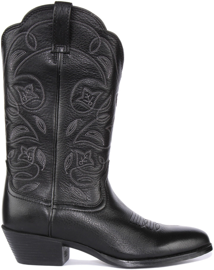 Ariat Heritage R Toe Bota Western de piel plena flor para mujer en negro