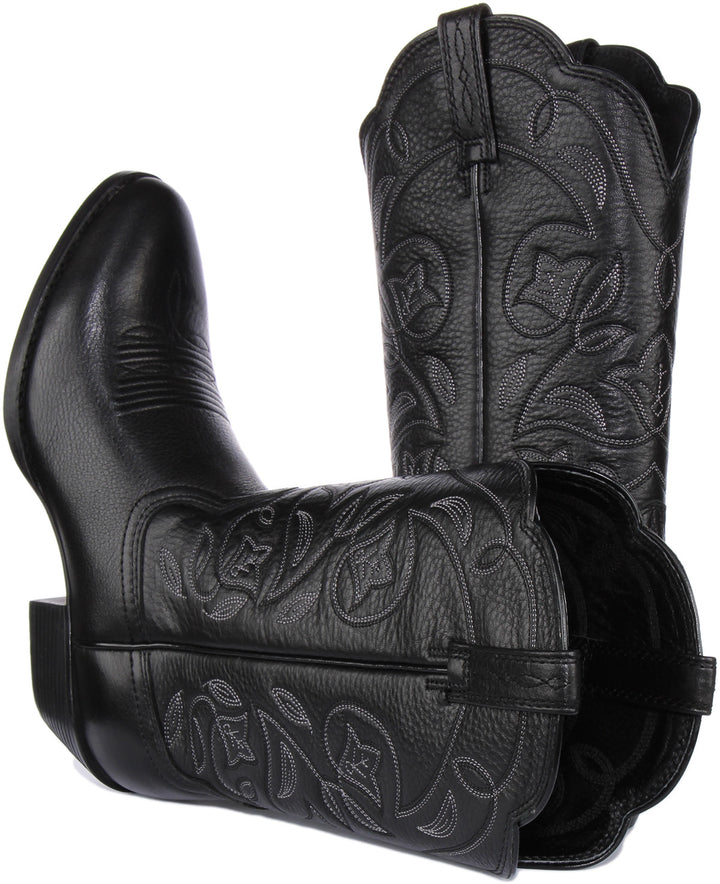 Ariat Heritage R Toe Bota Western de piel plena flor para mujer en negro