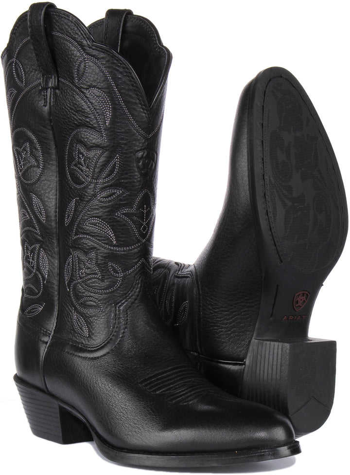 Ariat Heritage R Toe Bota Western de piel plena flor para mujer en negro