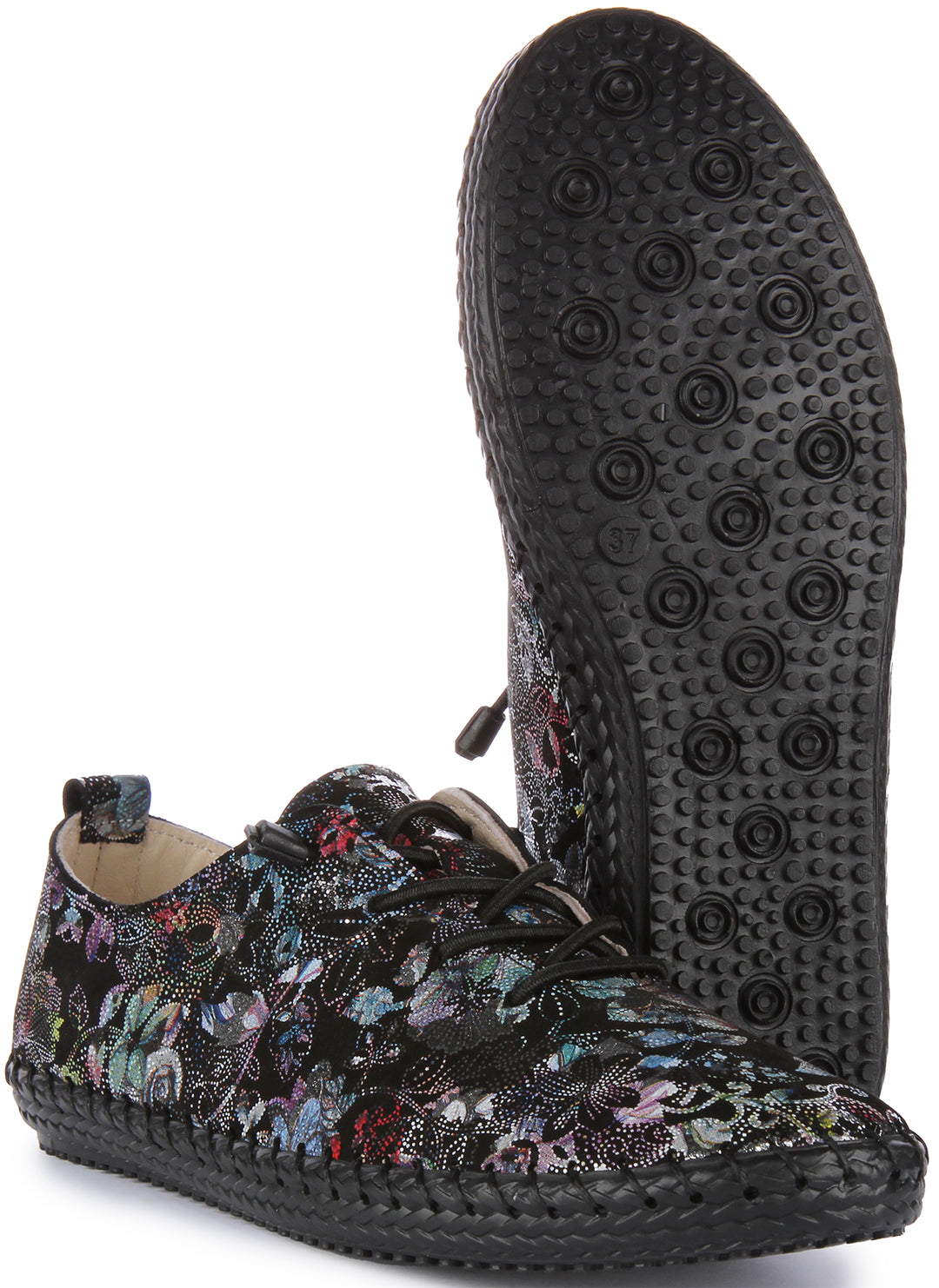 JUSTINREESS Lexi Zapatillas de piel con estampado floral para mujer en negro