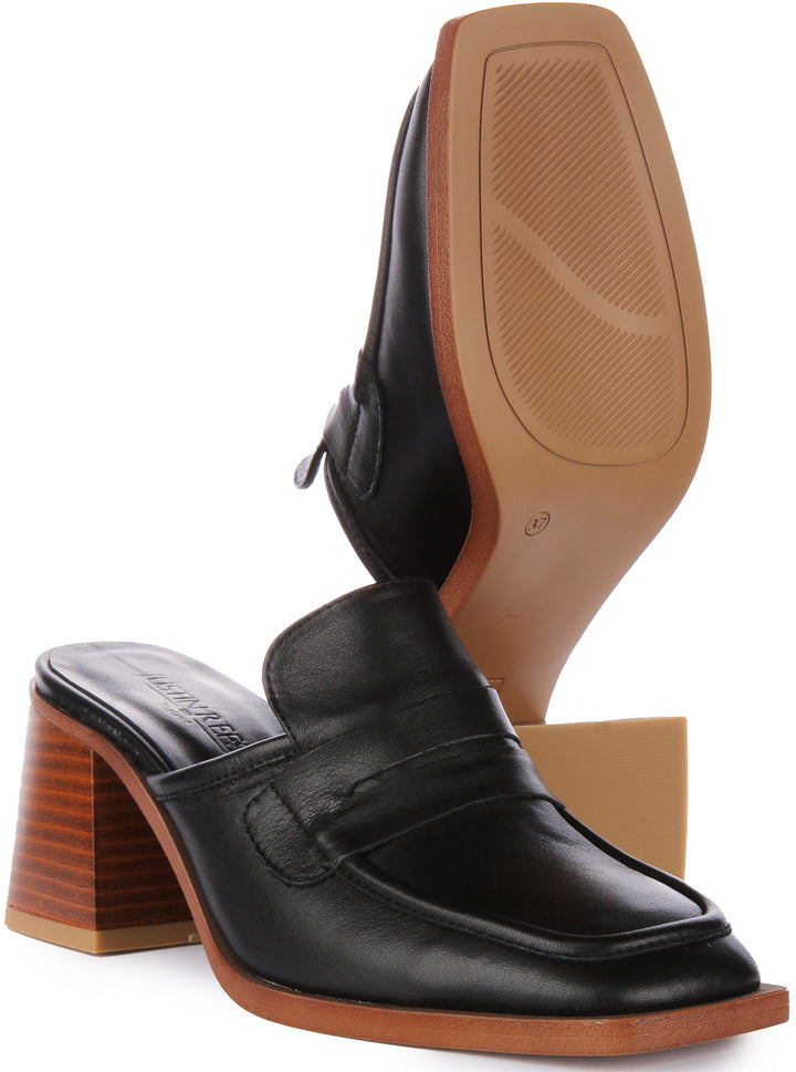 JUSTINREESS Charlie Zapatos mule con tacón en bloque de piel para mujer en negro