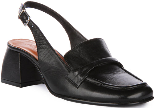 JUSTINREESS Elliana Zapatos de tacón bloque de cuero con hebilla para mujer en negro