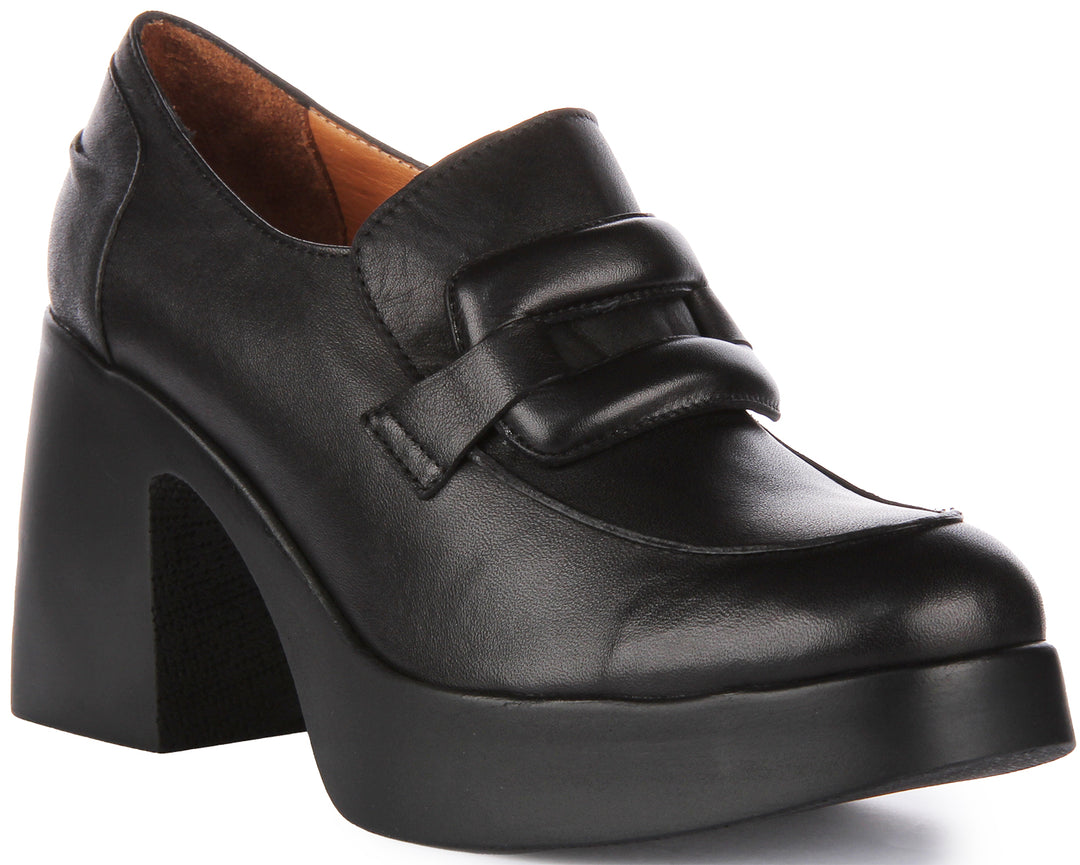 JUSTINREESS Nyra Scarpe Oxford con tacco medio e grosso in pelle da donna in nero