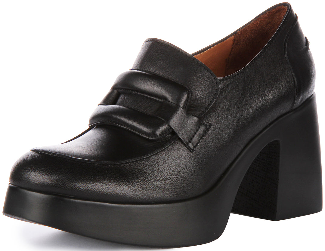 JUST REESS Nyra Frauen Leder Klotzigen Oxford Mitte Ferse Schuhe Schwarz