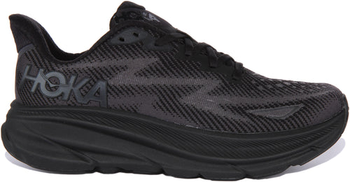 Hoka M Clifton 9 Baskets de course à pied en tricot végane à lacets pour hommes en noir noir