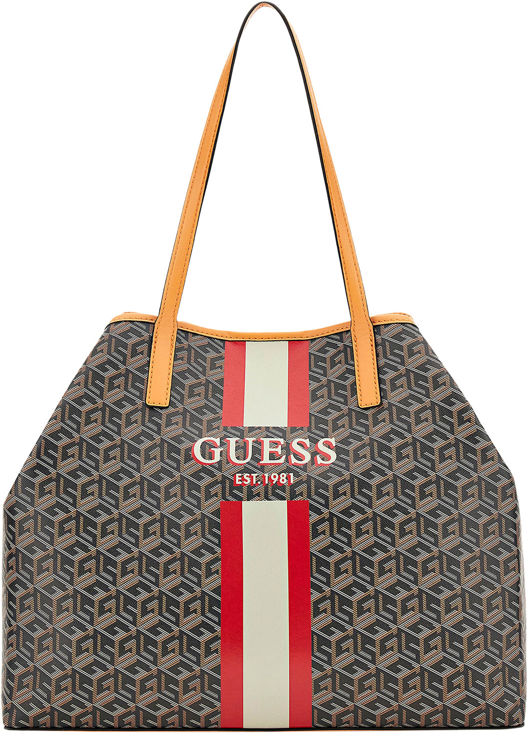 Guess Vikky Large Cube Logo Tote Bag In Black Brown For Women