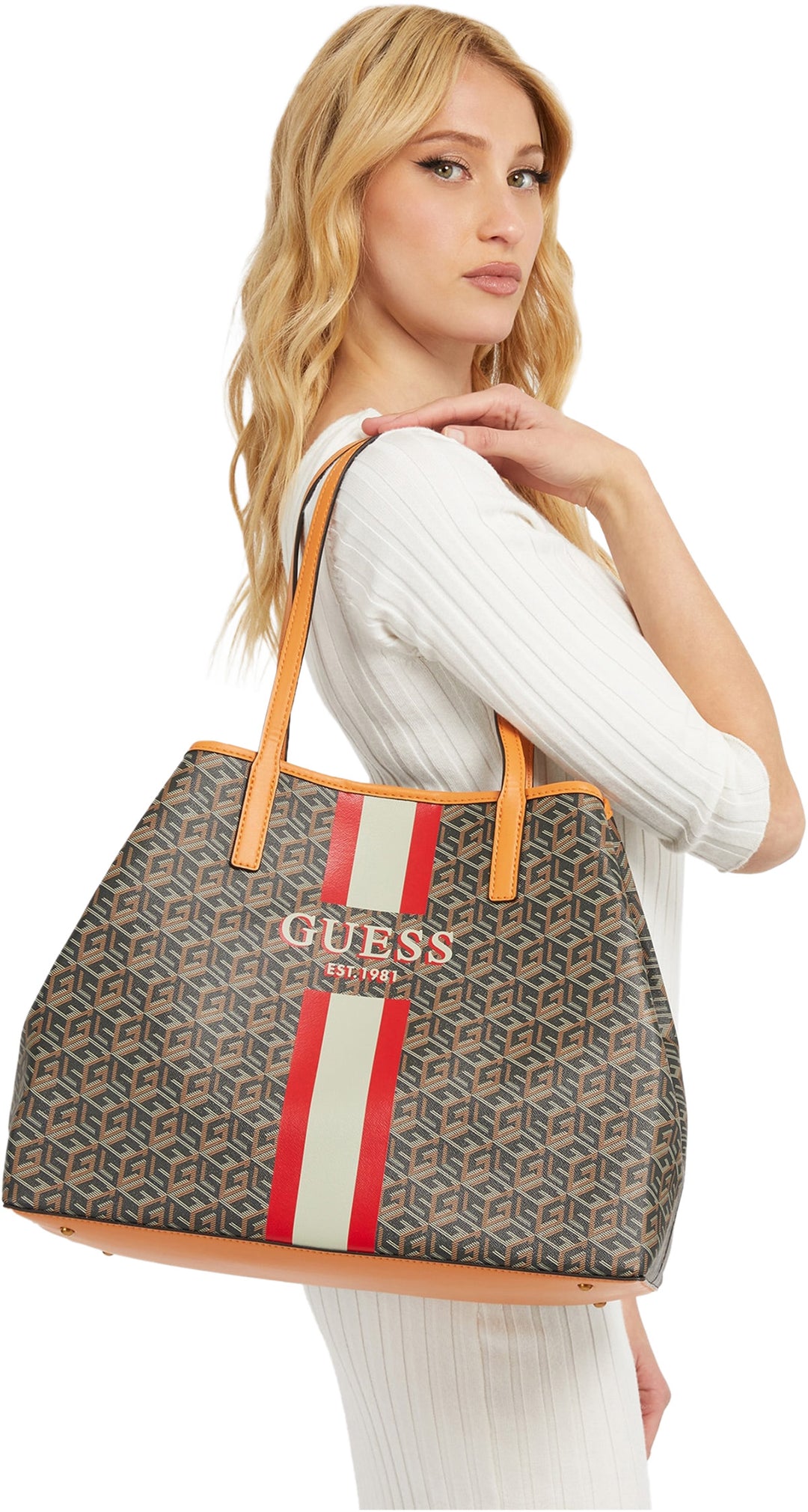 Guess Vikky Large Cube Logo Tote Bag In Black Brown For Women