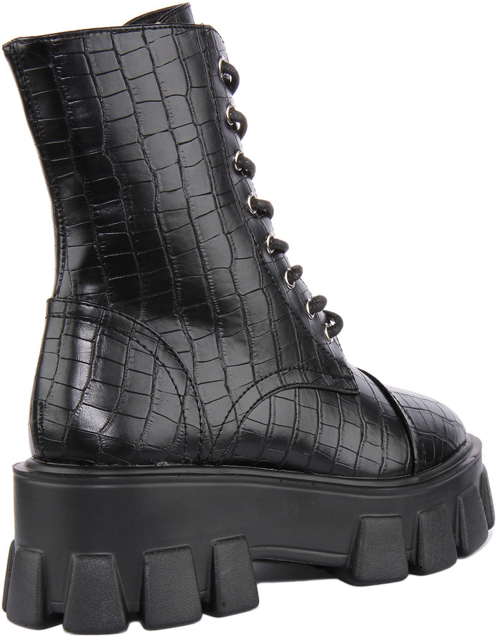 City Shoes Rota2 Botín de piel sintética con cordones para mujer en croco negro
