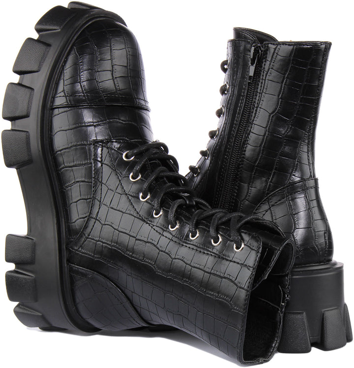 City Shoes Rota2 Bottines à lacets en faux cuir pour femmes en croco noir