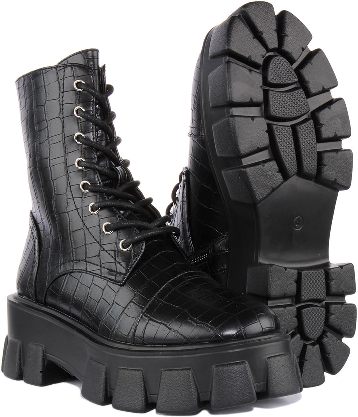 City Shoes Rota2 Bottines à lacets en faux cuir pour femmes en croco noir