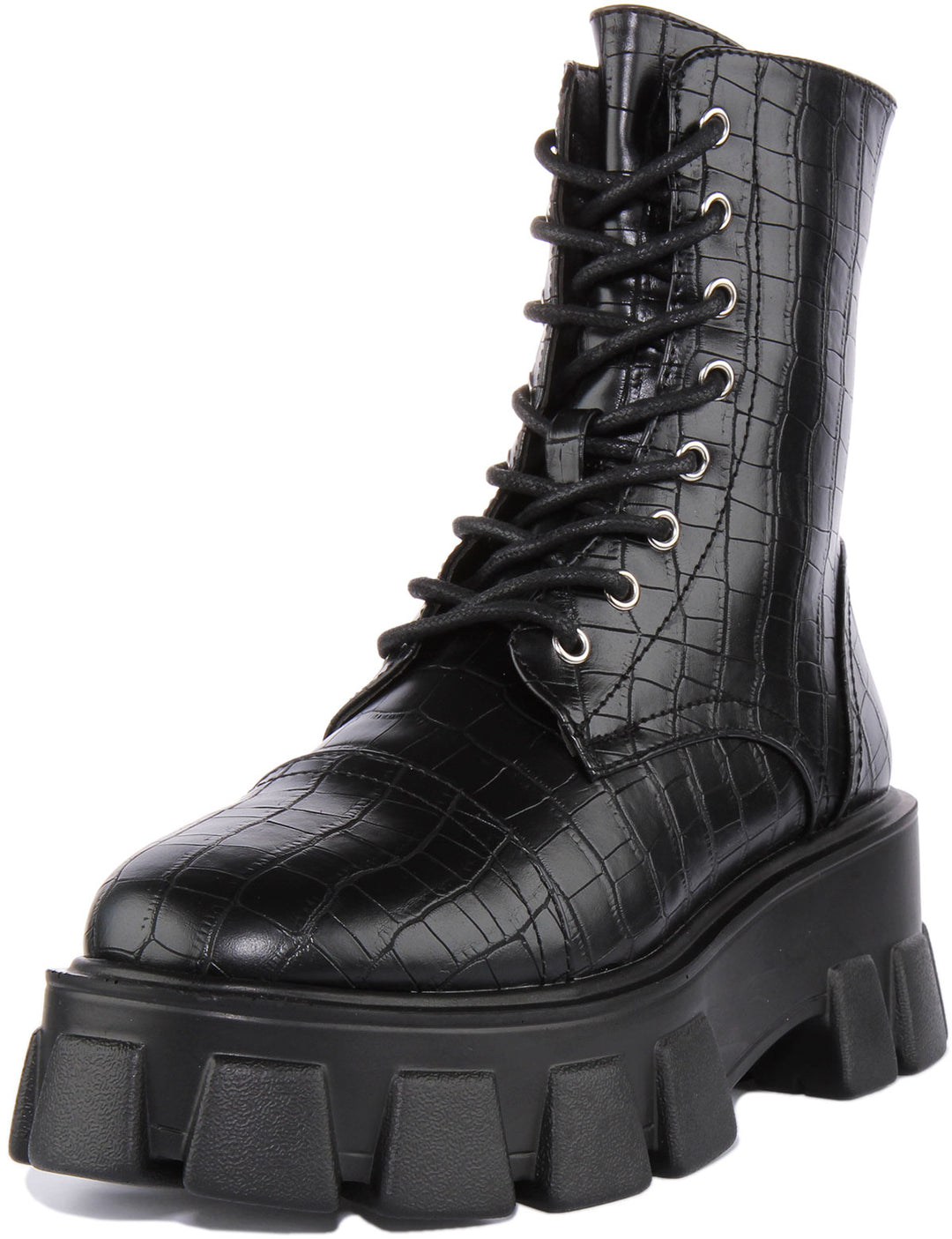 City Shoes Rota2 Botín de piel sintética con cordones para mujer en croco negro