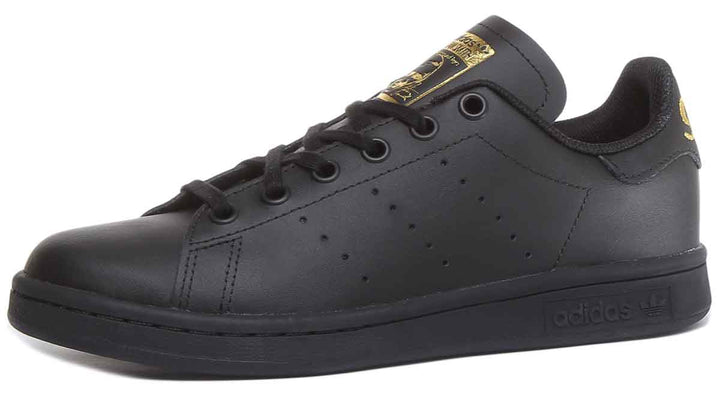 Adidas Stan Smith J Leather Trainers In Black Gold For Youth