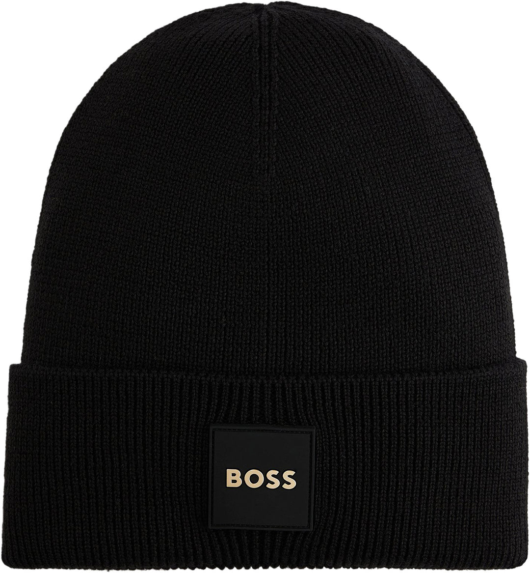 Boss Furio In Black Gold, Ribbed Knitted Beanie Hat