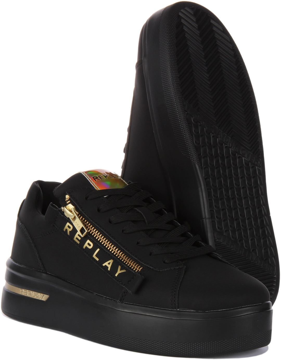Replay University Zip Zapatillas de deporte sintéticas con cordones y cremallera lateral para mujer en negro dorado