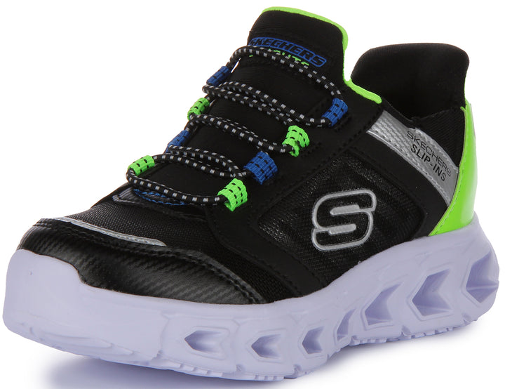Skechers Hands Free SlipIns HypnoFlash 2.0Odelux Scarpe da ginnastica illuminate in rete per bambini in nero verde