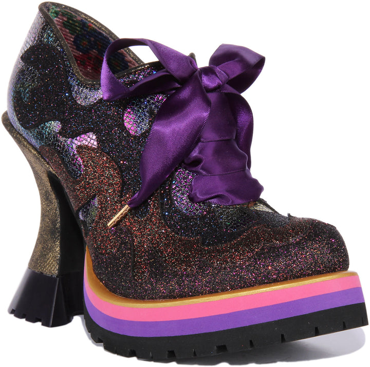 Irregular Choice Flamin Hot Zapatos de tacón alto con cordones iridiscentes para mujer en negro multi