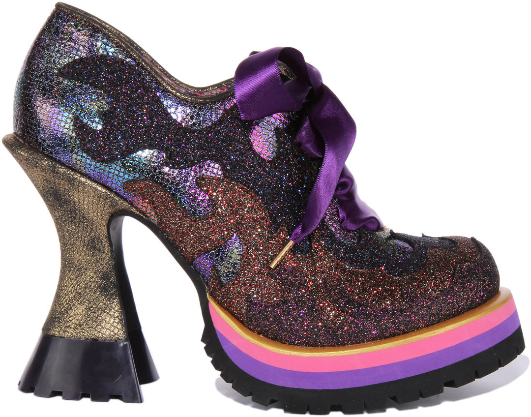 Irregular Choice Flamin Hot Zapatos de tacón alto con cordones iridiscentes para mujer en negro multi