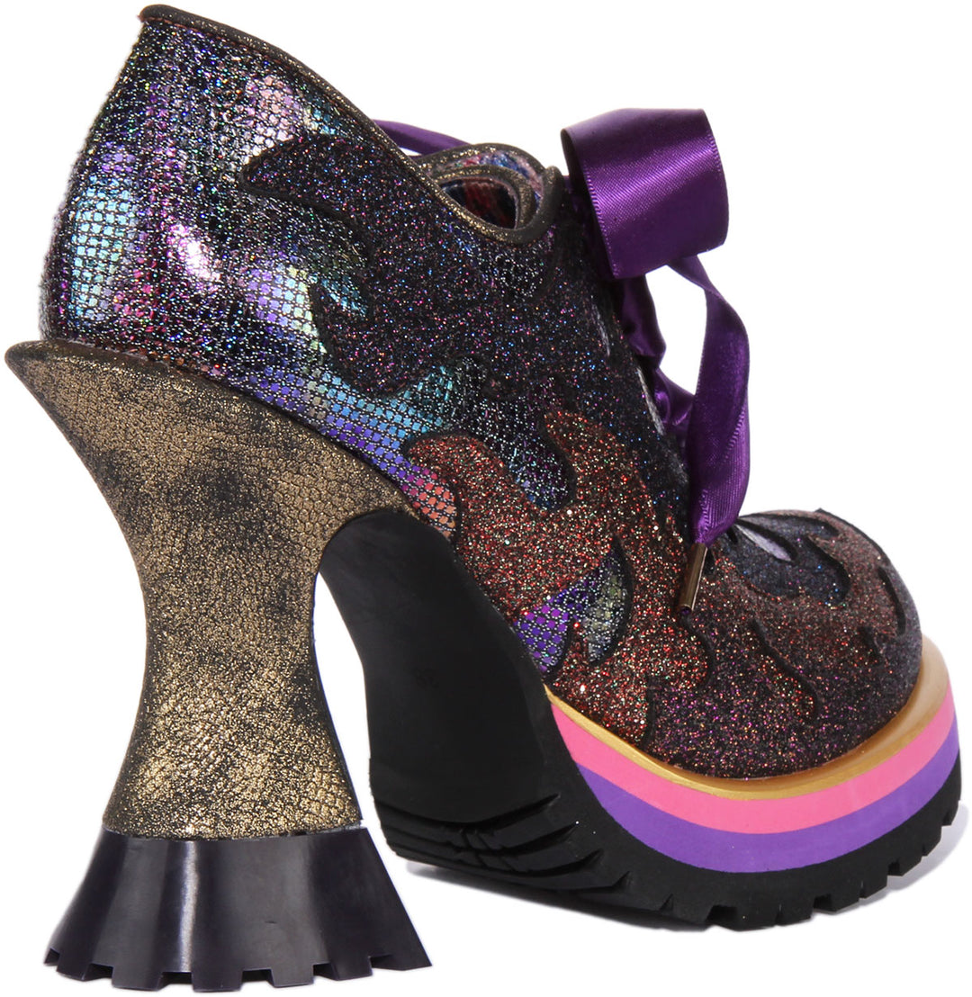 Irregular Choice FlamHot Frauen Schnürung Schillernde Hohe Absatz Schuhe Schwarz Multi