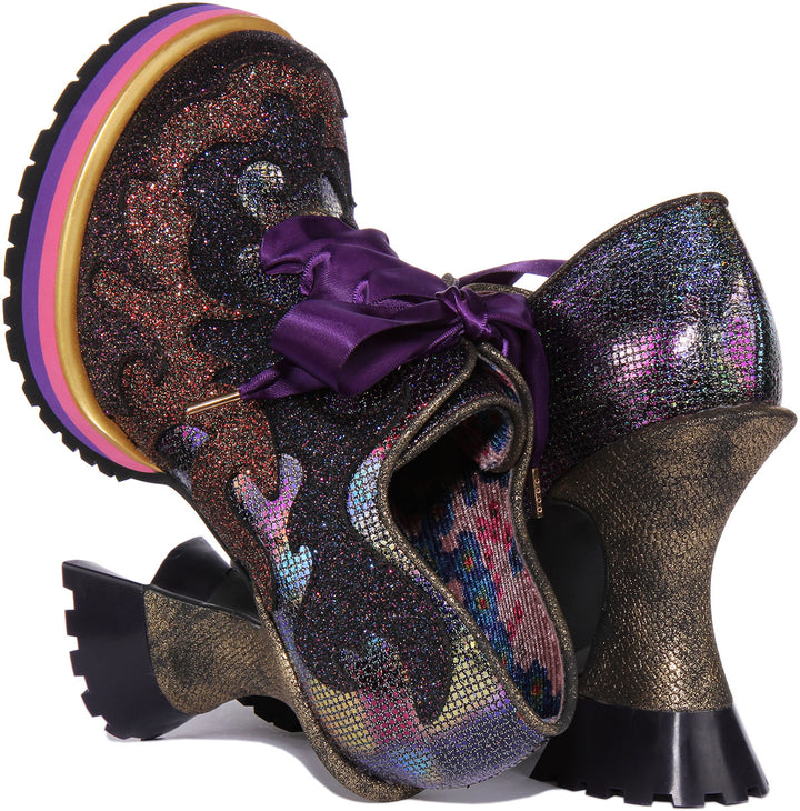 Irregular Choice FlamHot Frauen Schnürung Schillernde Hohe Absatz Schuhe Schwarz Multi