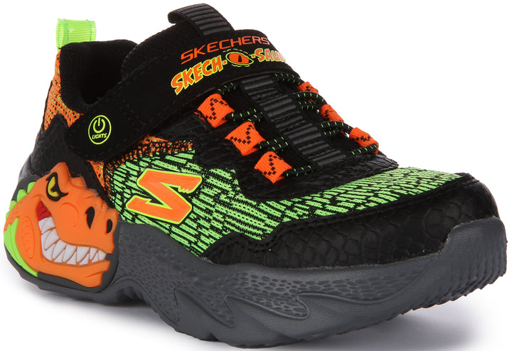 Skechers SkechOSaurusDinoLights Scarpe da ginnastica sintetiche a rete per bambini in nero arancione