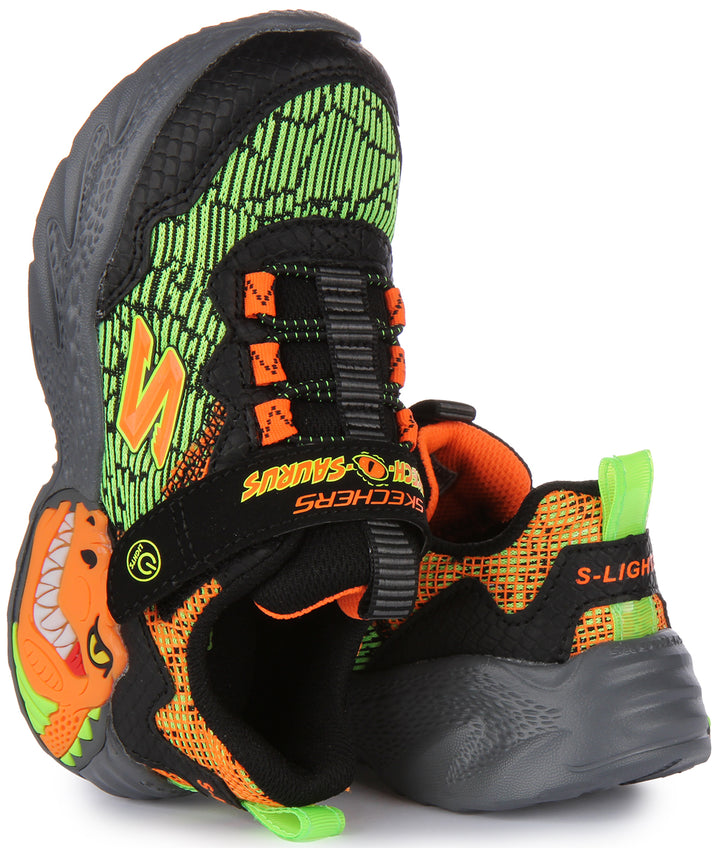 Skechers SkechOSaurusDinoLights Scarpe da ginnastica sintetiche a rete per bambini in nero arancione