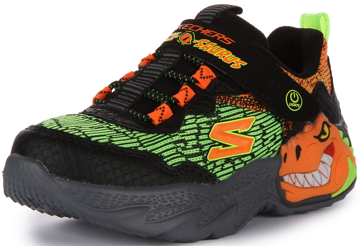 Skechers SkechOSaurusDinoLights Zapatillas sinteticas de malla con luces para niños en negro naranja