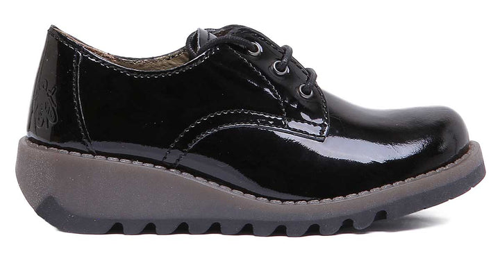 Fly London Simb K Chaussures à lacets à talon compensé en cuir pour enfants en brevet noir
