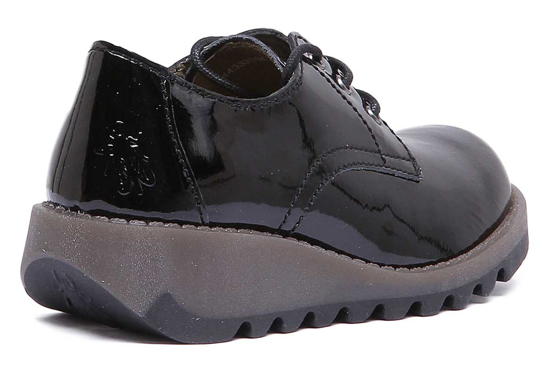 Fly London Simb K Chaussures à lacets à talon compensé en cuir pour enfants en brevet noir