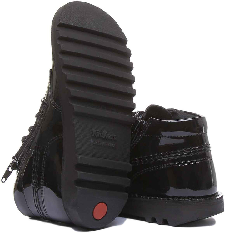 Kickers Kick Hi Botines con cordones con cremallera lateral para niños en negro patente