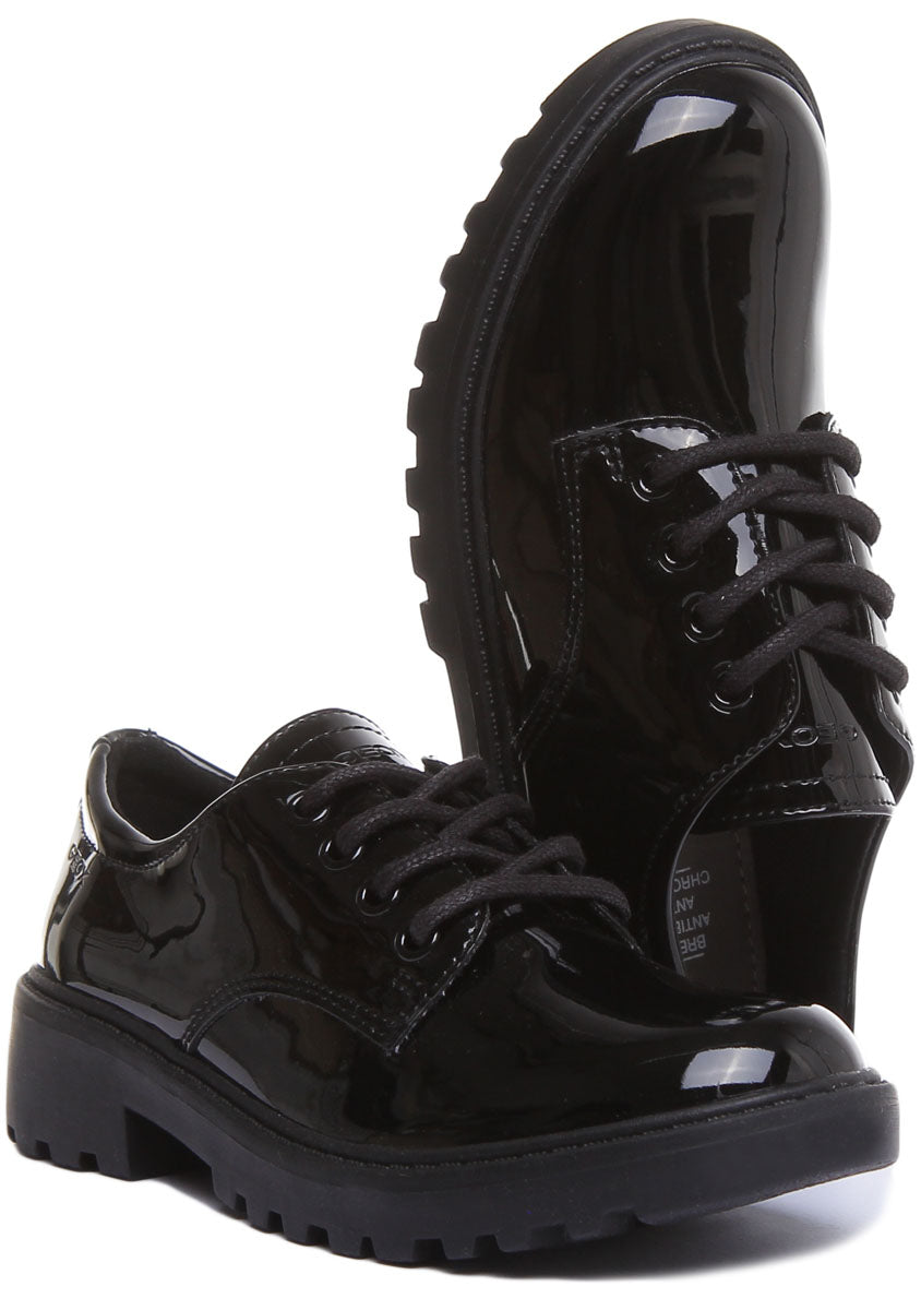 Geox J Casey Zapatos de cordones transpirables para niños en charol negro