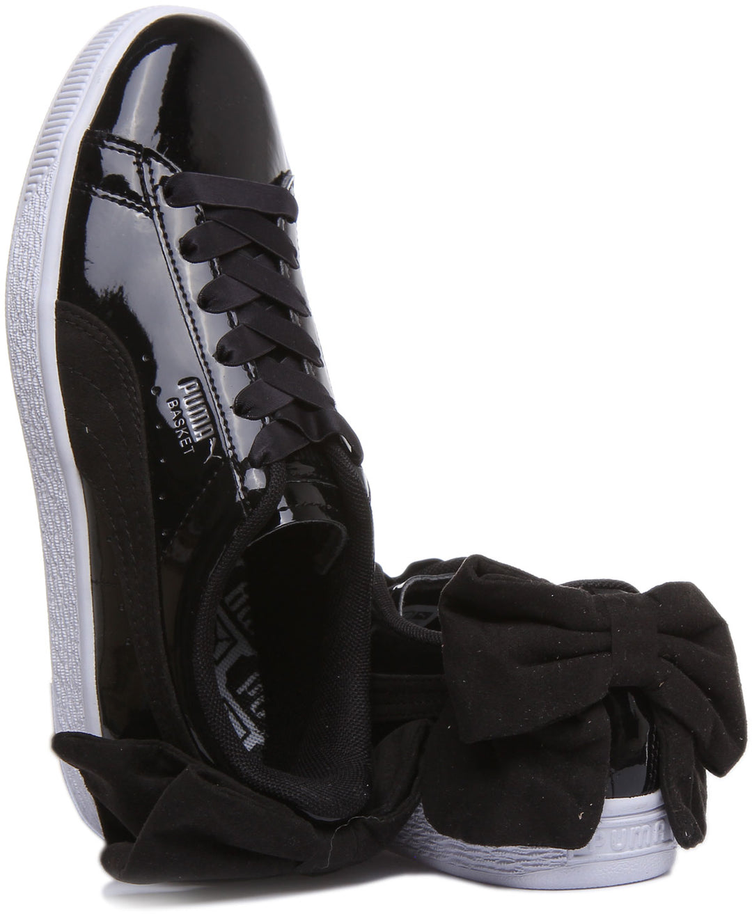 Puma Basket Bow SB Elastische Frauen Sneakers aus geschnürtem Leder schwarzem Lack