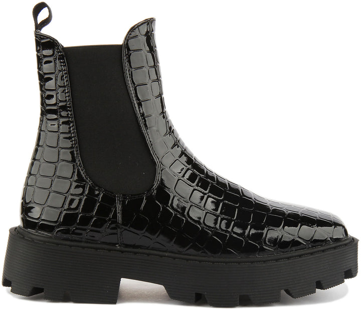 Womens Square Toe Chunky Chelsea Boots In Black Patent For Women