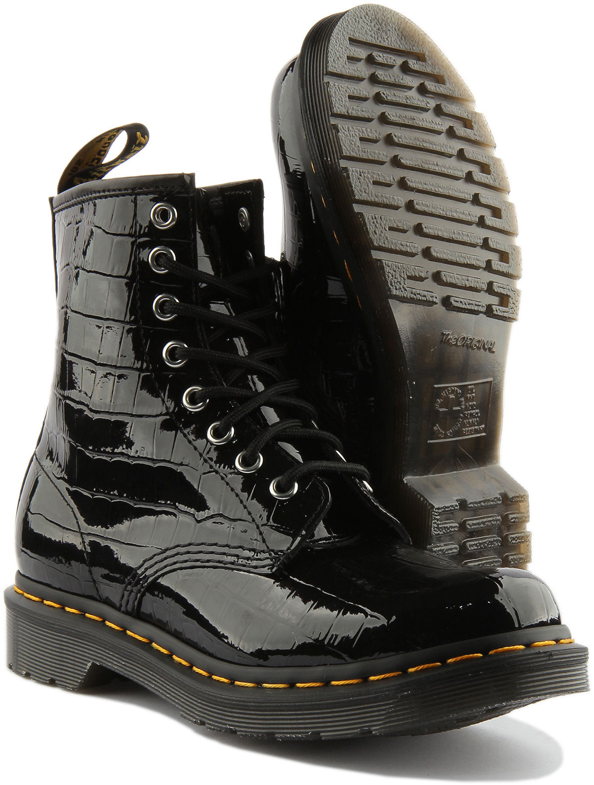 Dr Martens 1460 Patent Bottes en cuir imprim croco 8 oeillets pour femmes en verni noir