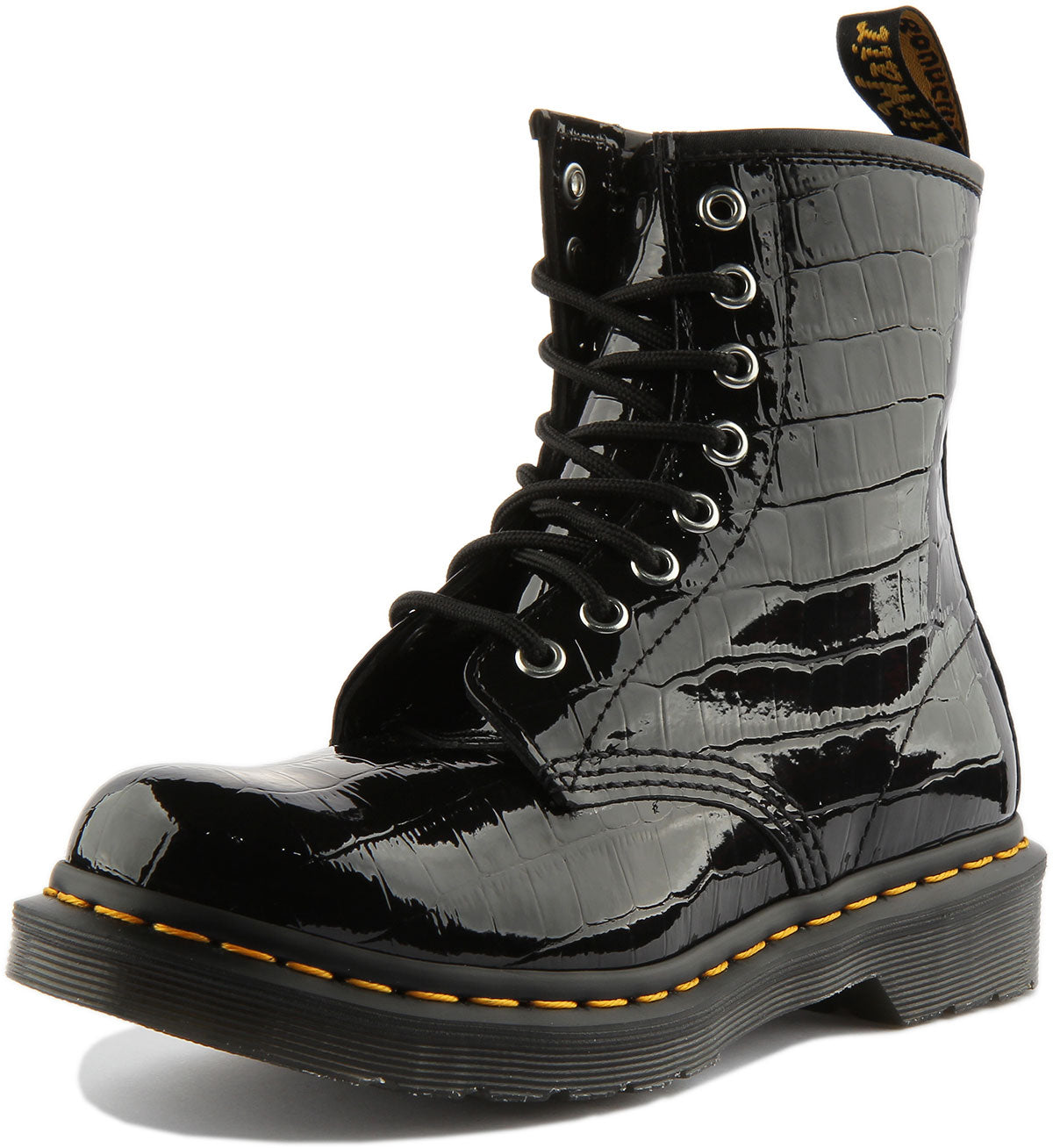 Dr Martens 1460 Patent Bottes en cuir imprim croco 8 oeillets pour femmes en verni noir