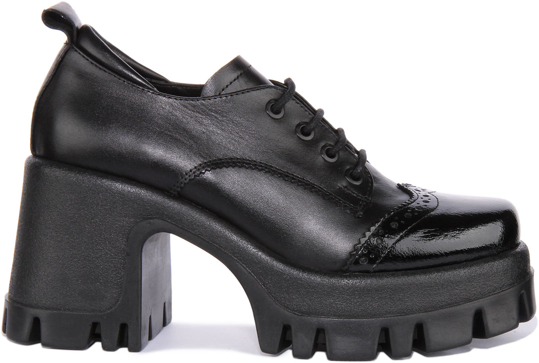 JUSTINREESS Lilly Chaussures brogue à lacets en cuir pour femmes en verni noir