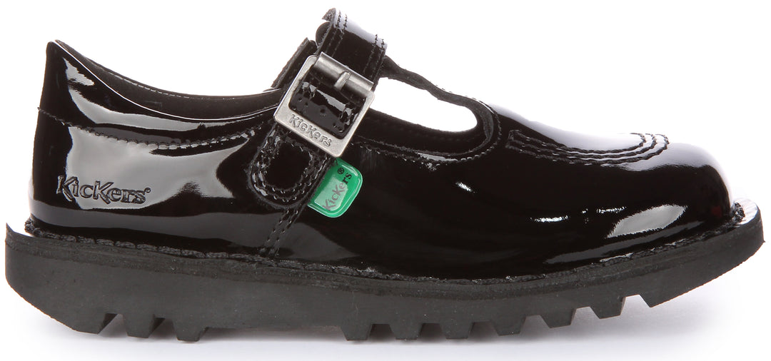 Kickers Kick T Velcro Zapatos colegiales de piel con barra en T para niños en charol negro