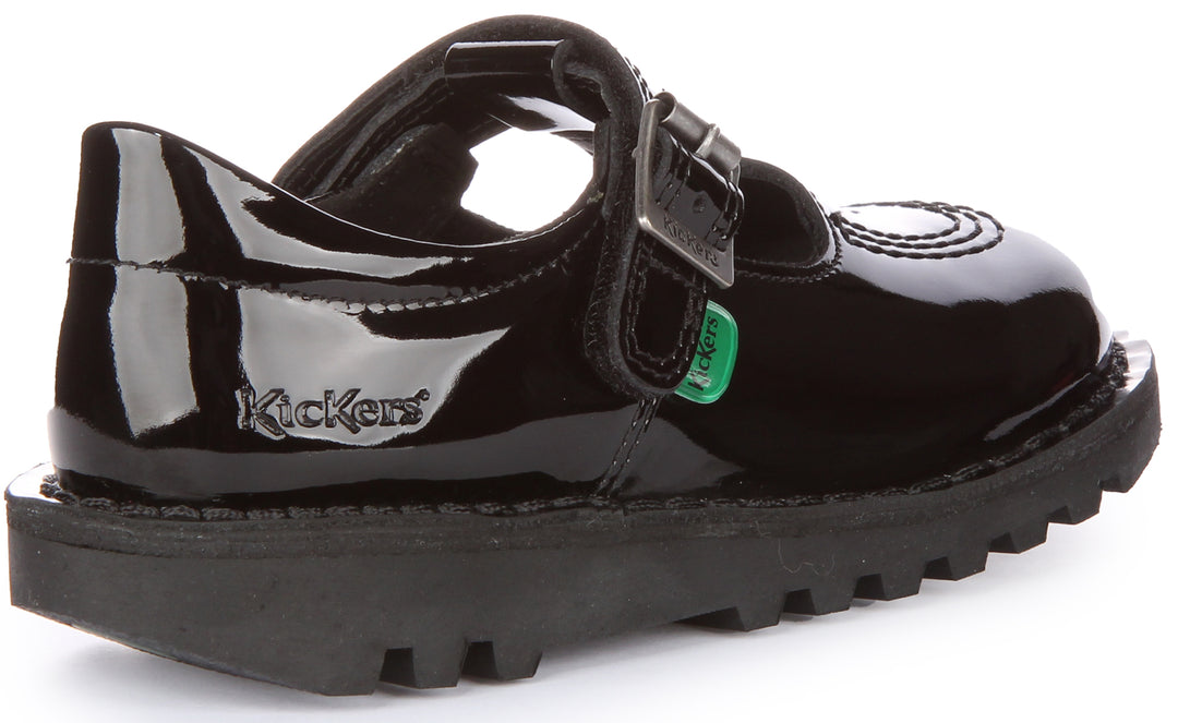Kickers Kick T Velcro Zapatos colegiales de piel con barra en T para niños en charol negro