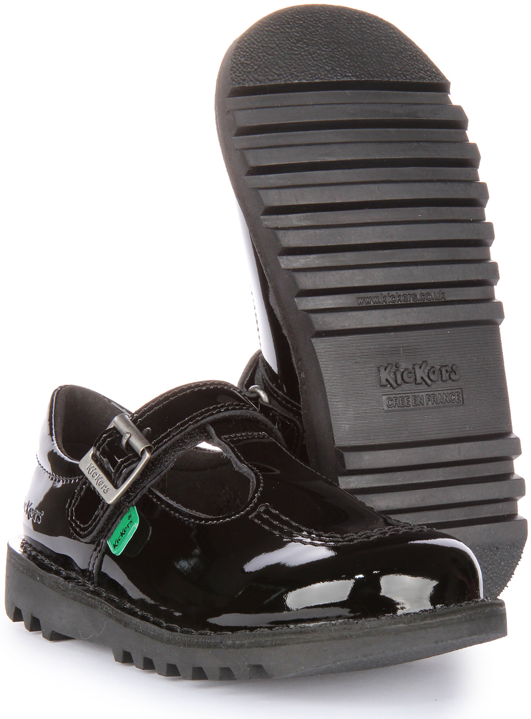 Kickers Kick T Velcro Chaussures d'écolier en cuir à barre en T pour enfants en noir verni