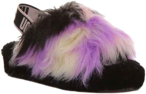 Ugg Fluff Yeah Sandalia de piel de oveja con dorso elástico para mujer en negro púrpura