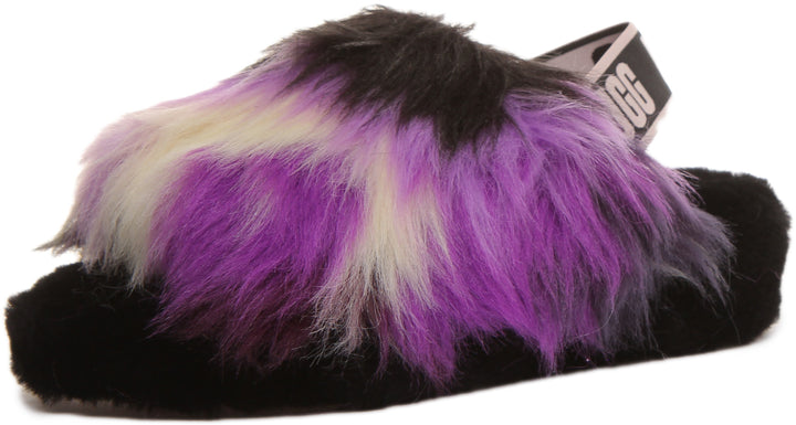 Ugg Fluff Yeah Sandalia de piel de oveja con dorso elástico para mujer en negro púrpura