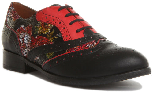 JUSTINREESS Roxana Chaussures brogue à lacets en cuir à fleurs pour femmes en noir et rouge