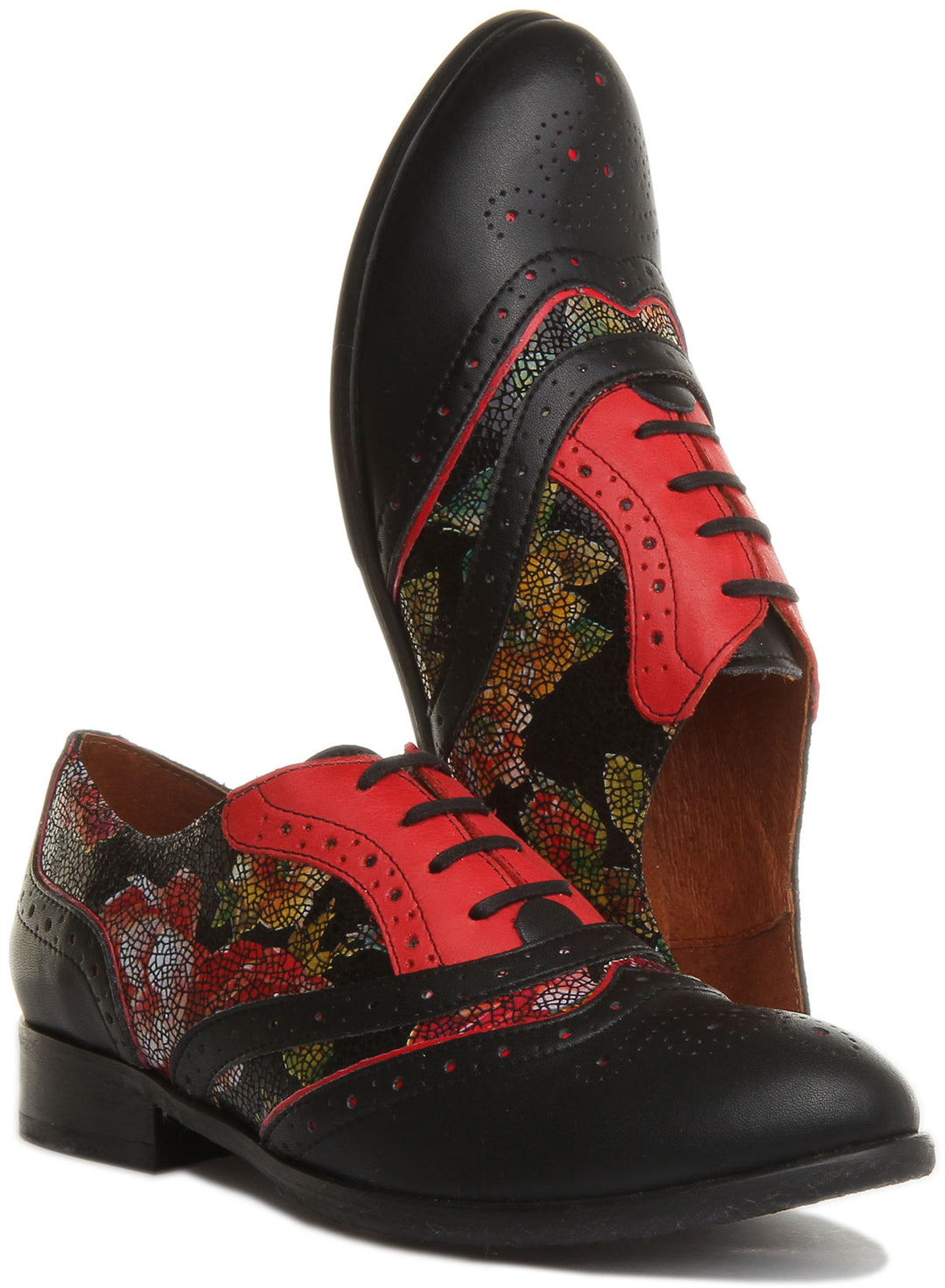 JUSTINREESS Roxana Zapatos de cordón de cuero con flores para mujer en negro rojo